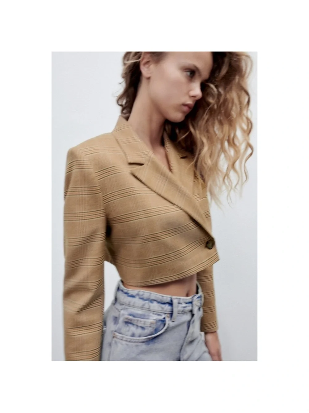 ZARA Cropped Plaid Blazer in Taupe‎ and Black Windowpane